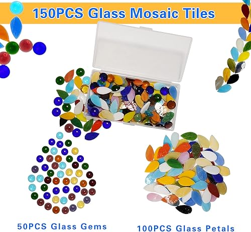 Miniatura 2 de Azulejos de mosaico de pétalos de colores mixtos, piezas de vidrio de mosaico manchadas con gotas de agua con gemas redondas de vidrio plano para