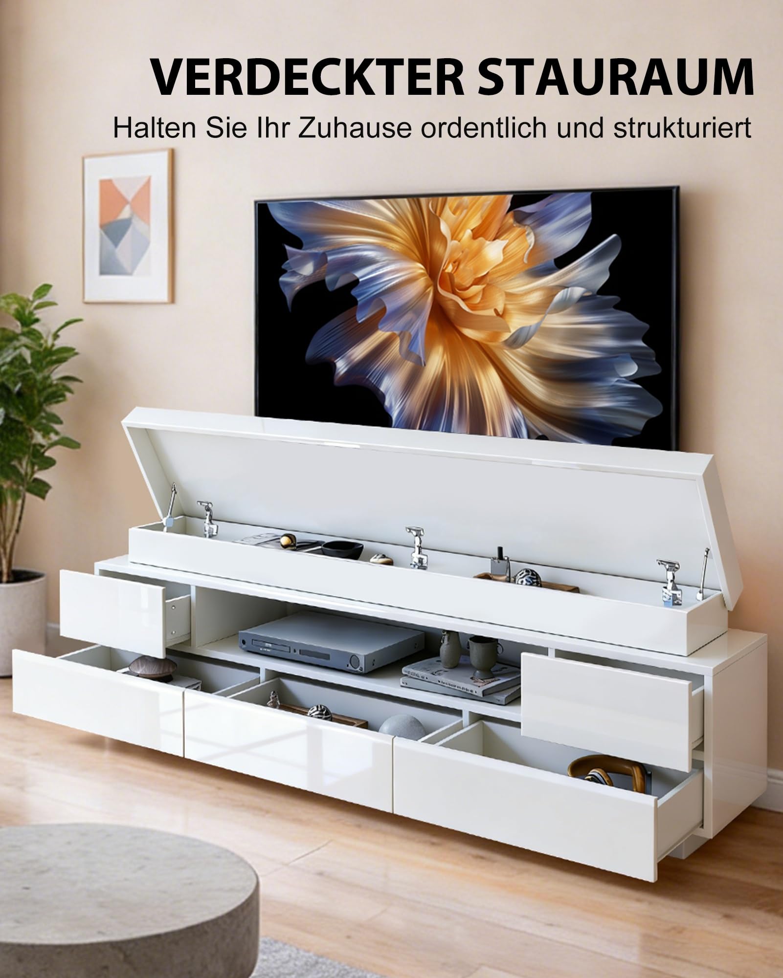 LED-TV-Schrank 160cm Moderner Hochglanz-TV-Schrank mit 3 Schubladen, Sideboard für Schlafzimmer, Wohnzimmer, Wohnmöbel (Weiß)