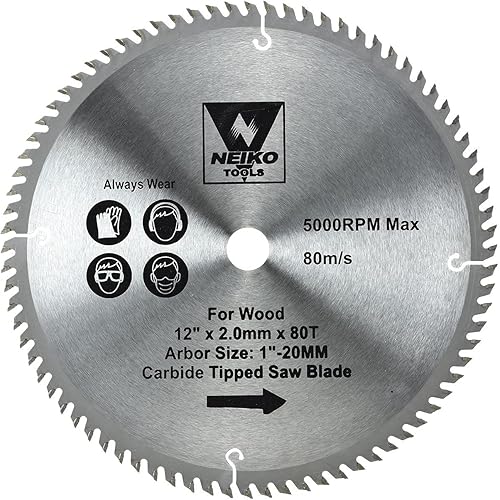NEIKO 10768A 12" Carbide Chop Saw Blade, 80 Tooth with 1-Inch Arbor, Compatible with Miter, Table, Radial Arm, Cut-Off, Standard Circular Saws, For Home Building, Construction, Woodworking, Forest