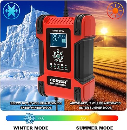 Miniatura 4 de FOXSUR Cargador de batería de 12 V 24 V 12 A Smart Lead Pulse Repair Charger LiFePO4 para motocicleta y coche AGM Deep Cycle Gel EFB Cargador de