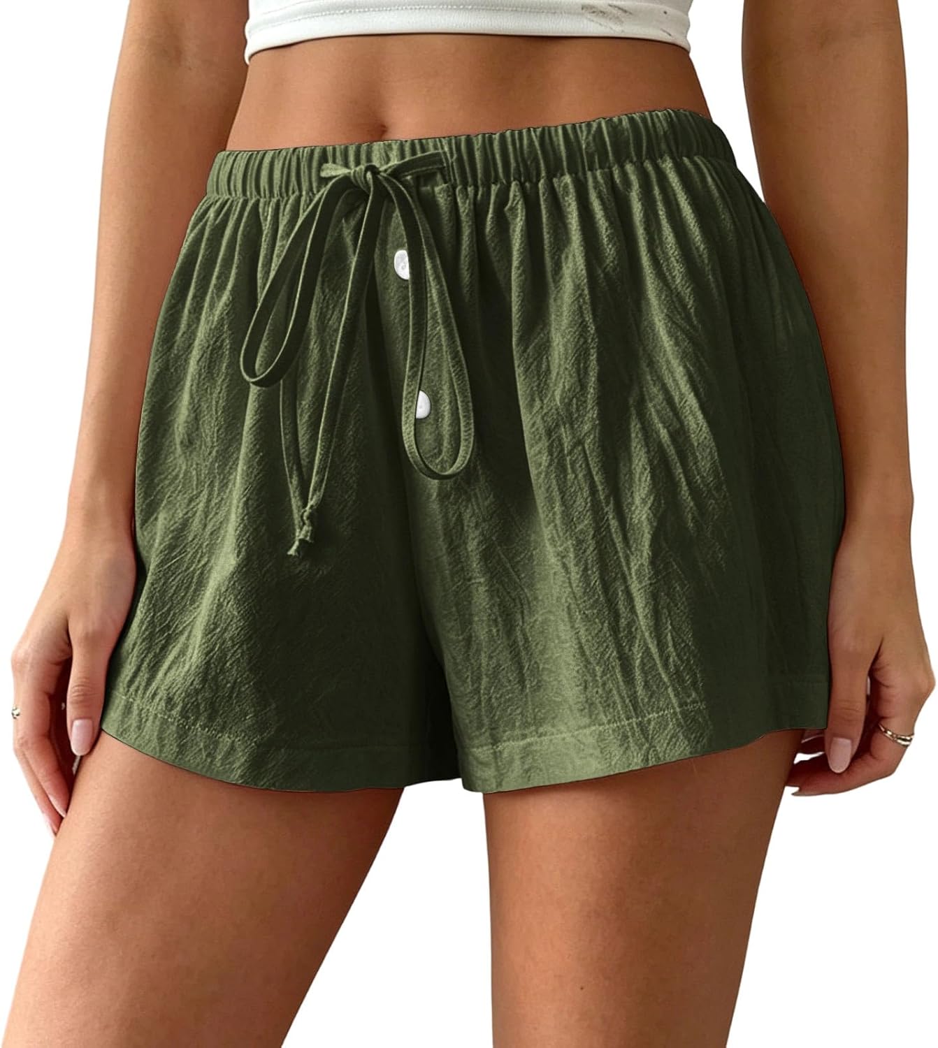 Summer High Waisted Casual Shorts for Women Cotton Linen Shorts with Pockets Drawstring Loose Lightweight Short