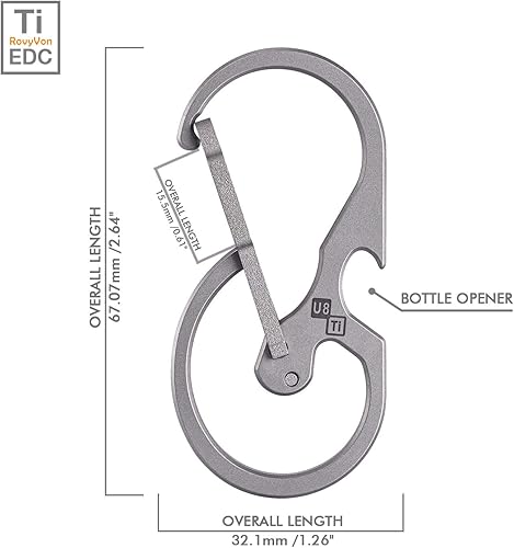 Miniatura 4 de RovyVon U8 - Mosquetón pequeño para llavero, mini clip de bolsillo para llaves, titanio EDC con abridor de botellas, multiherramienta, mejor,