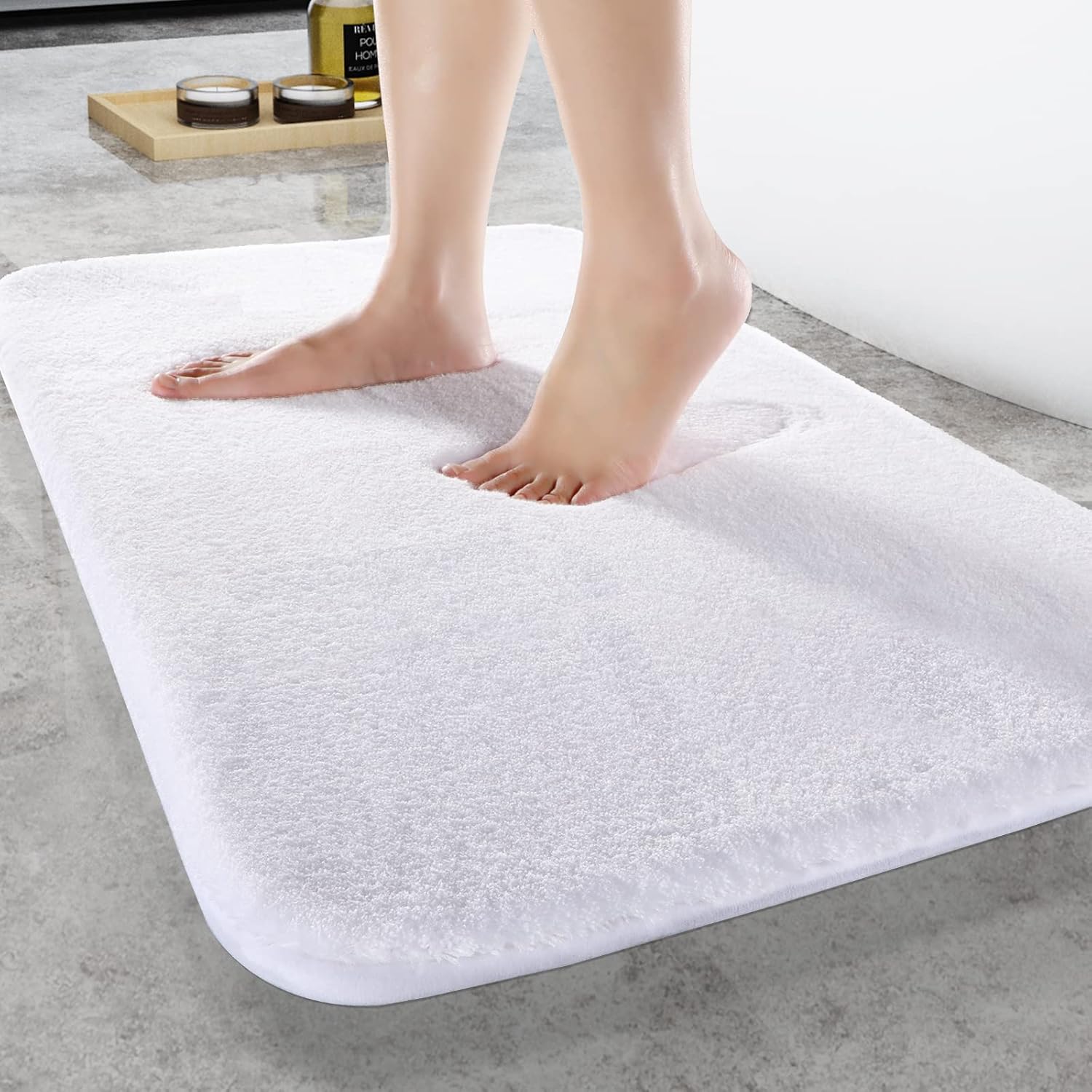 Yimobra Memory Foam Bath Rugs,Microfiber Bathroom Mat,Soft Plush Shaggy Shower Mat for Bathroom,Fluffy Comfortable Water Absorbent Carpet, Non-Slip, Machine Washable,(White, 31.5x19.8 Inches)