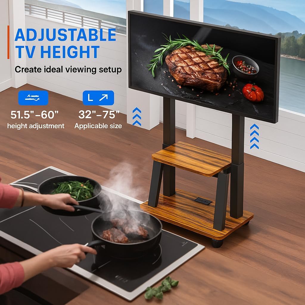 Rolling TV Stand for 32-80 Inch TVs, Mobile TV Cart with Power Outlet, Outdoor Tv Stand with Wheels, Portable tv Stands for LCD OLED 4K Flat/Curved Panels Max VESA 600x400mm (Walnut)