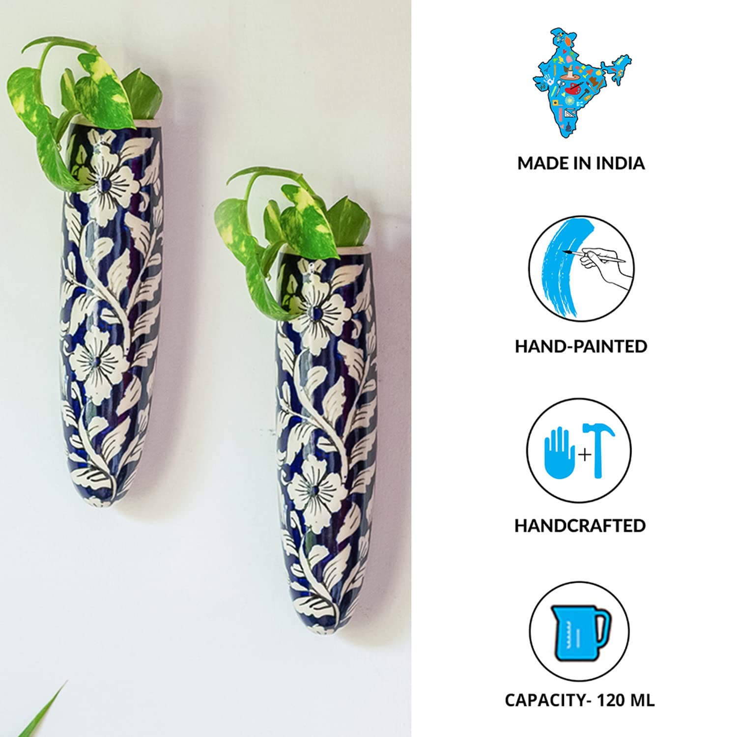 ExclusiveLane Midnight Bloom' Ceramic Wall Planters for Living Room & Balcony (Set of 2)|Wall Planter for Home Decoration Wall Hanging Planter Wall Mounted Planter, Midnight Blue and White - Image 5 thumbnail