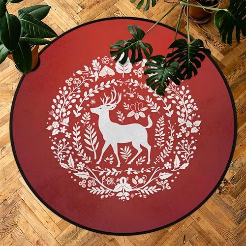Miniatura 7 de Christmas Red Reindeer Bells And Snowflakes (4) Round Area Rug 3ft Machine Washable Circular Rugs For Dining Room Table Bedroom Playroom Throw Rugs