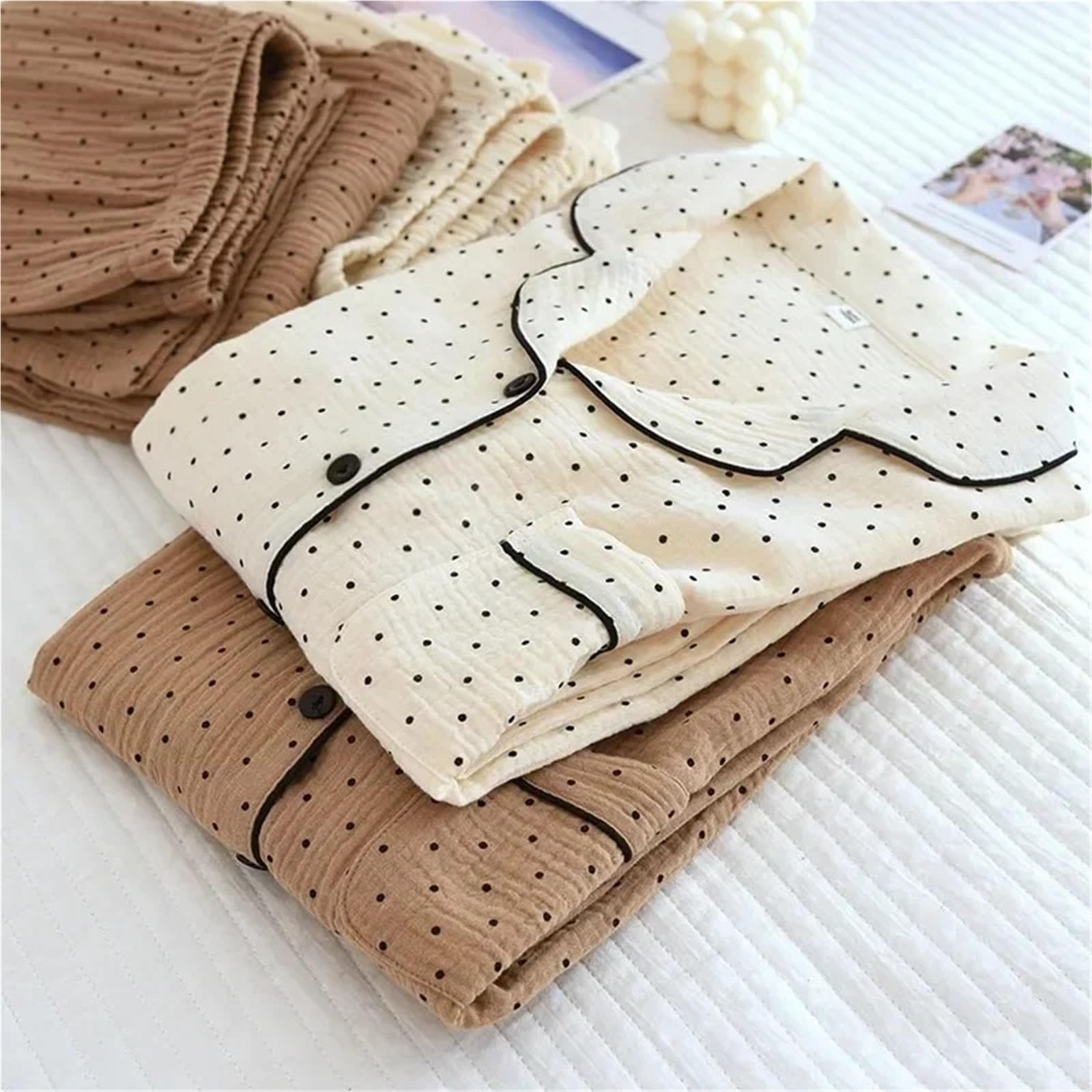 Pijamas de Gasa algodón for Mujer, Ropa Dormir con Dibujo Lunares, Conjunto 2 Piezas for Primavera, for, Verano para Descanso en casa
