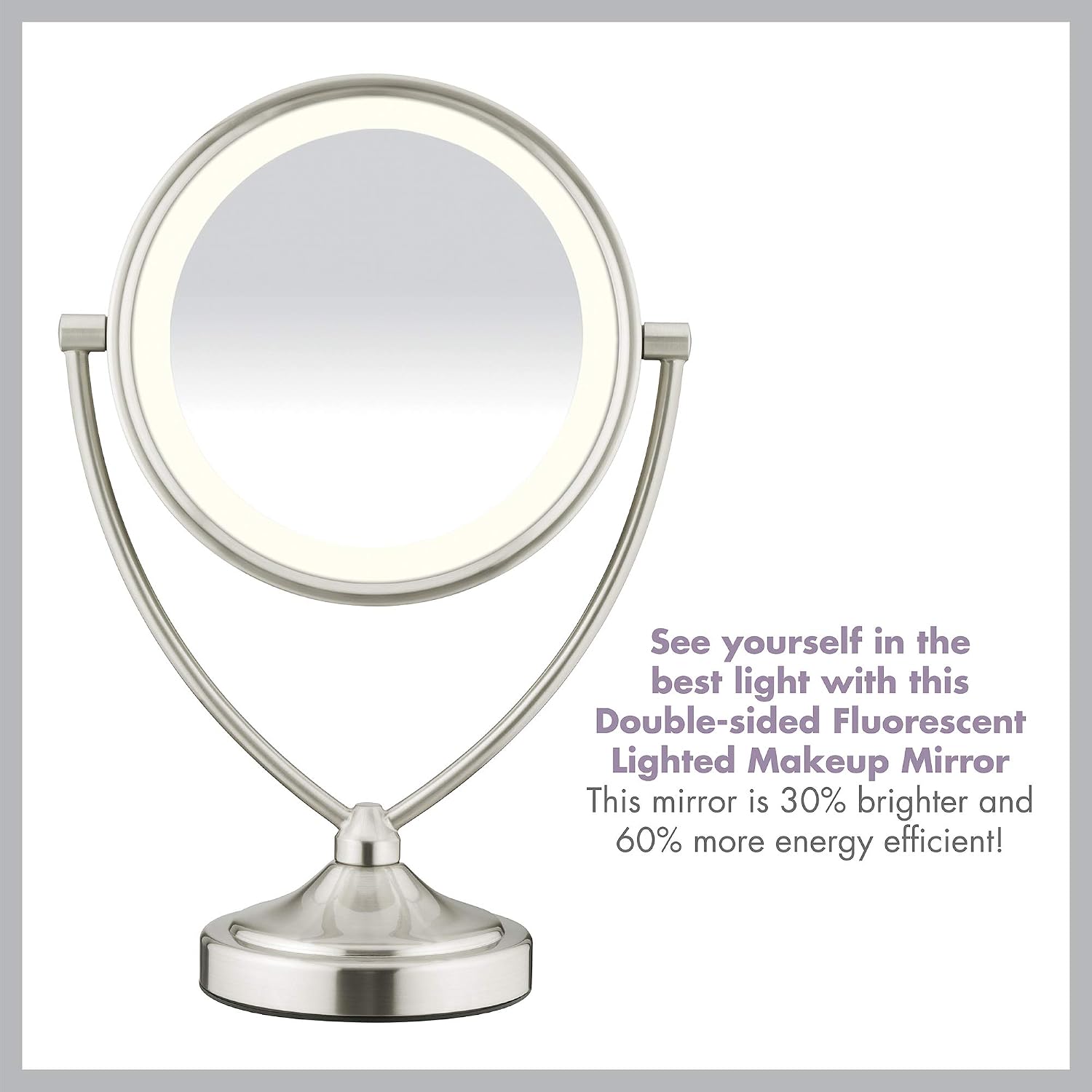 Conair Reflections Double-Sided Fluorescent Lighted Vanity Makeup Mirror, 1x/10x magnification, Satin Nickel