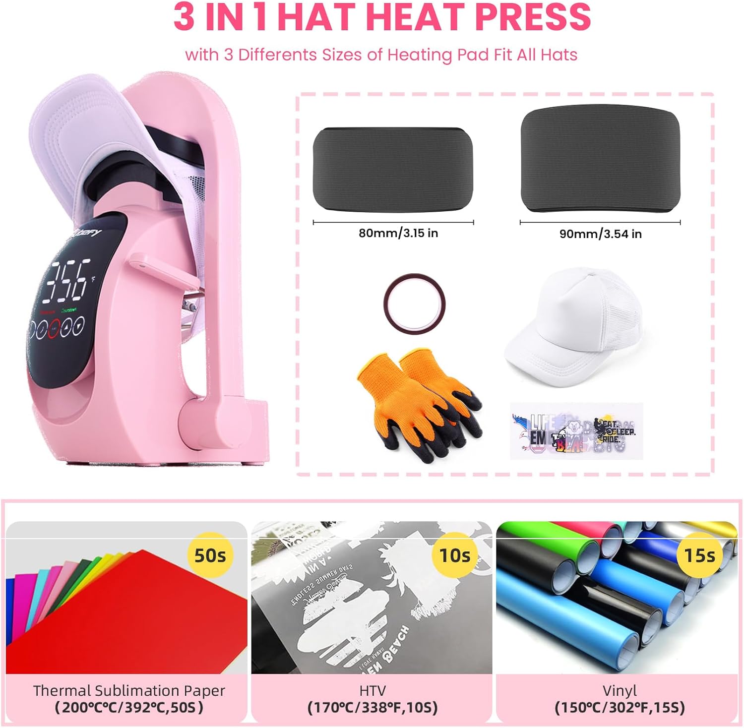 Whubefy Auto Hat Heat Press Machine, Hat Heat Transfer 3-in-1 Cap Heat Press with 3 Pcs Interchangeable Platens (70/80/90mm), Pink Touchscreen Hat Press Machine with 5 DTF, 1 Hat, for All Hat Shapes