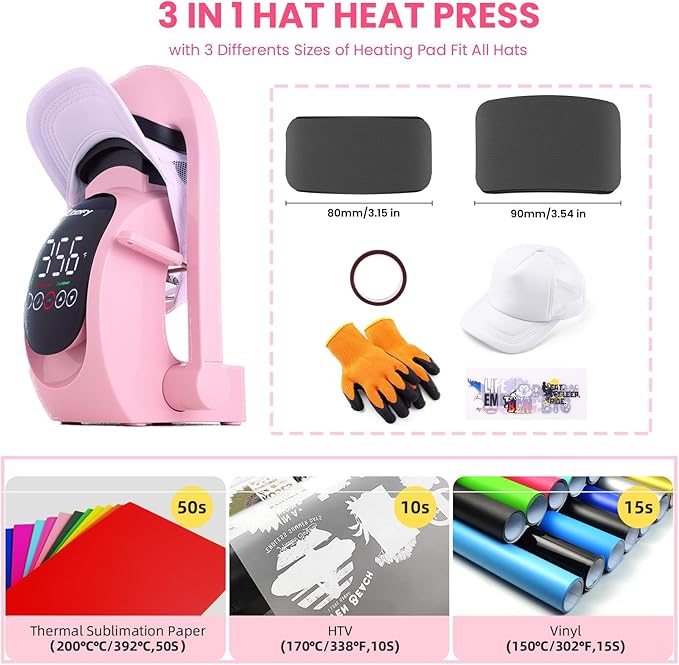 Prensa Térmica Automática para Gorras Whubefy 3 en 1, Rosa con Pantalla Táctil miniatura 3