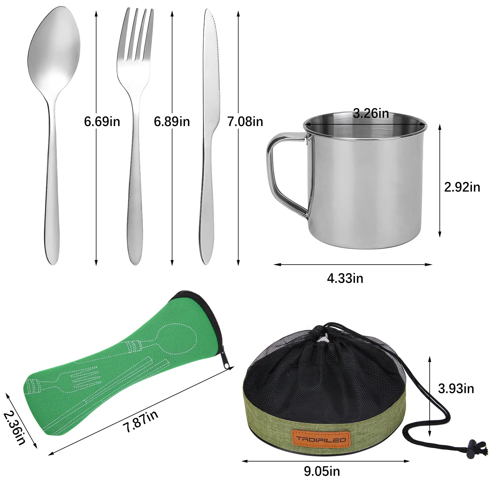 Camping Cutlery Set, 8 Piece Stainless Steel Cutlery Set Including Cutlery Spoons Mug Bowls & Plates Rags, Organizer Straps Easy to Carry for Backpacking, Camping, Hiking and Picnics (Green)