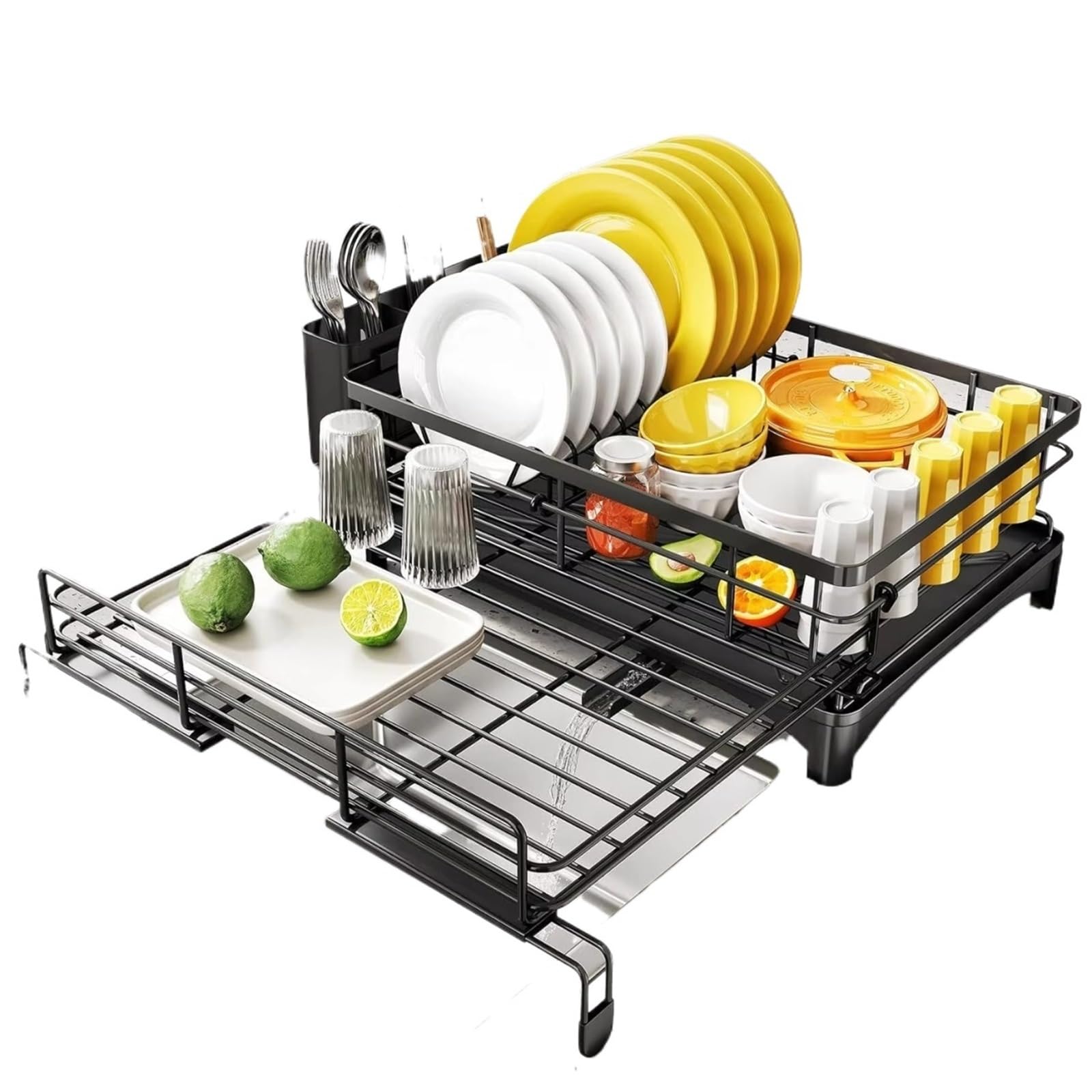DSFVERVD Drain rack Dish Drying Rack for Kitchen Counter Large with Drainboard Rustproof Drainer with Utensil Holder for Sink(Black 2)