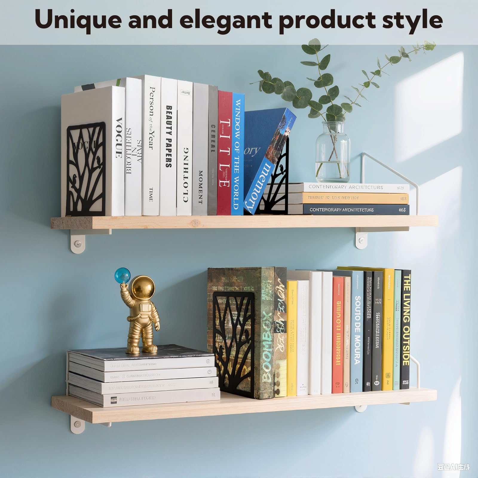 Buchstützen für Regale, robuste Buchstützen, rutschfest, Metall, schwarzes Baum-Design, moderne Buchstützen für Regale, Büro, Zuhause, dekorativer Buchstopper für Bücher, CDs, 10 Paar, 20 Stück