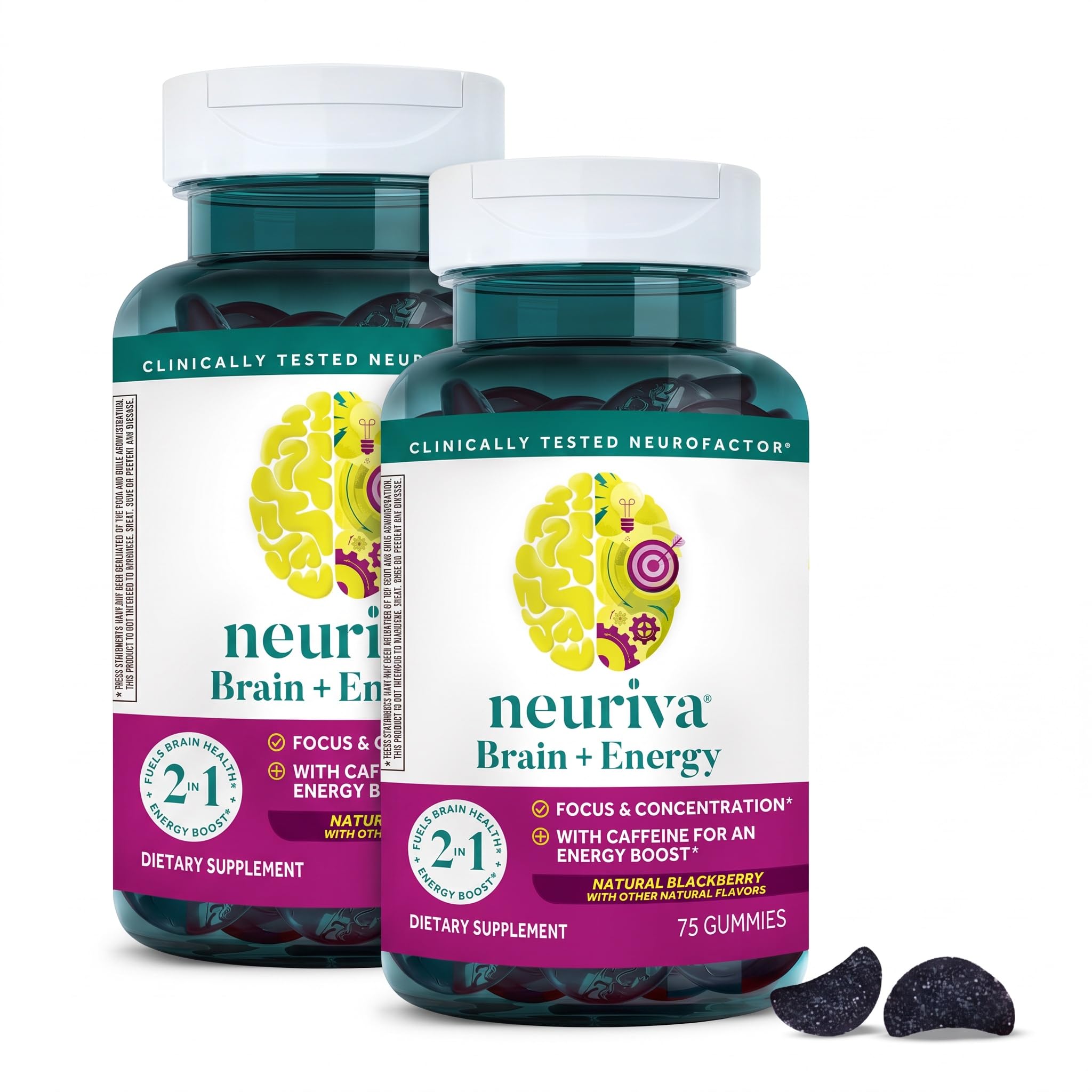 NEURIVA Brain + Energy Gummies, Nootropic Brain Supplements for Focus and Concentration with Neurofactor, Vitamin B12 & Caffeine for an Energy Boost*, 75ct Natural BlackBerry, (Pack of 2)