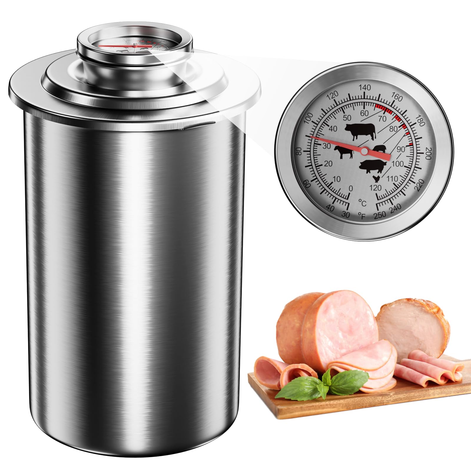 Ham Deli Meat Press, Heavy-Duty Compression Spring Lunch Meat Maker with Large-Read Dial Thermometer, Stainless Steel Deli Meat Maker for Homemade Ham, Hamburger, Lunch Meat, with 5 Recipes