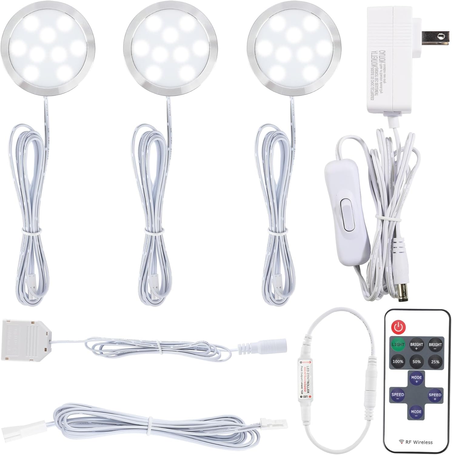Plugged in Under Cabinet Round Puck Lighting Kit, 110V Electric Wired LED Closet Bookcase Lights, Remote Control Dimmable, 3-Way Octopus Junction Box Wiring, 3 Lights, Cool White