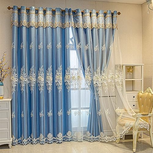 Miniatura 9 de Amidoudou 1 par de cortinas europeas de lujo con cenefa para sala de estar, dormitorio, cortinas bordadas de doble capa (gris, 52 x 96 pulgadas)