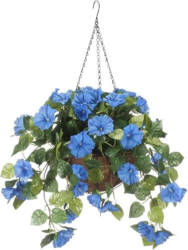 OakRidge - Cesta colgante de flores artificiales de petunia totalmente montada, 10 pulgadas de diámetro y cadena de 18 pulgadas, flores de