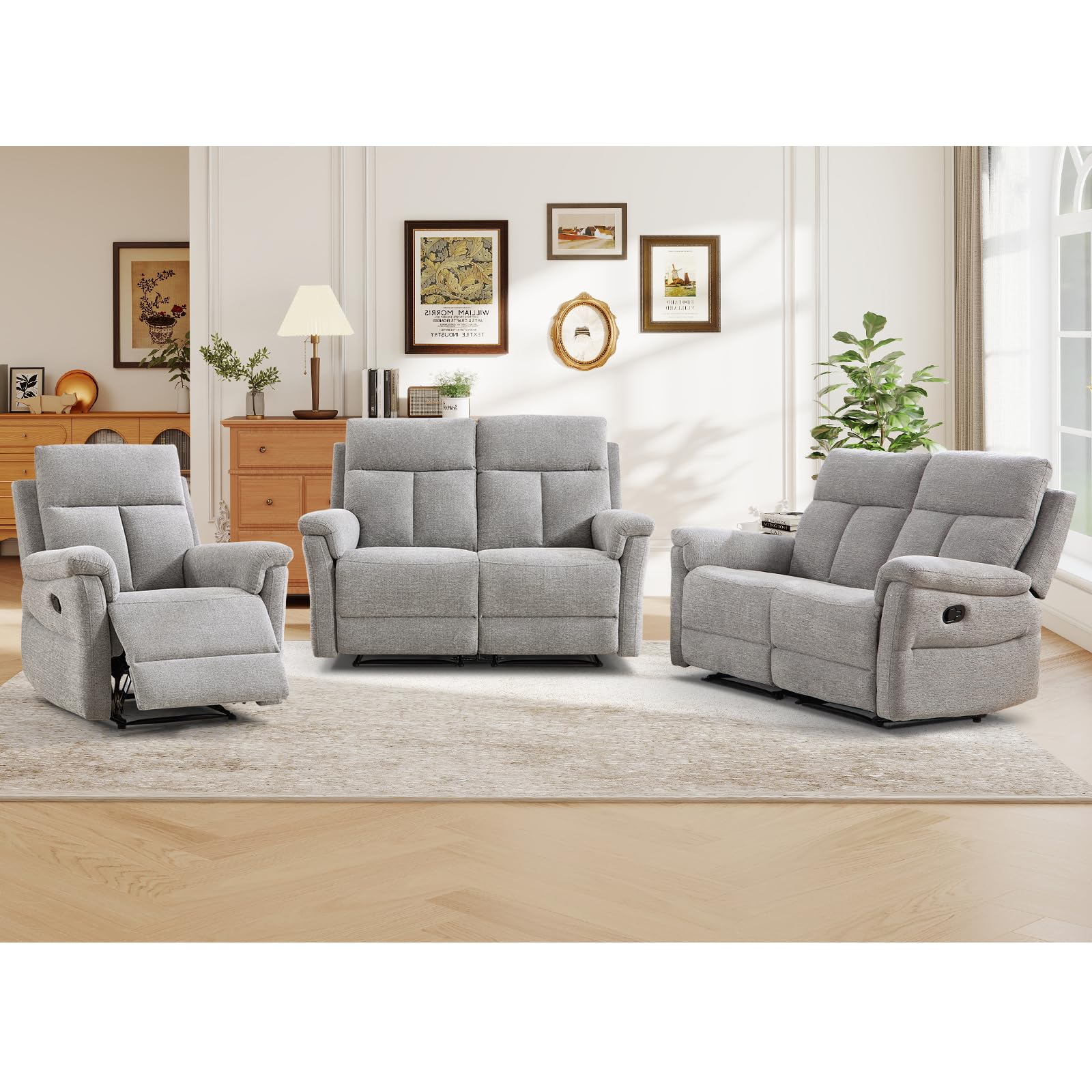 ANJ 3-Piece Manual Recliner Sofa Set, Recliner Chair and Two Loveseats with Overstuffed Backrest and Supportive Backrest, Fabric Reclining Couch Set for Living Room, Light Grey