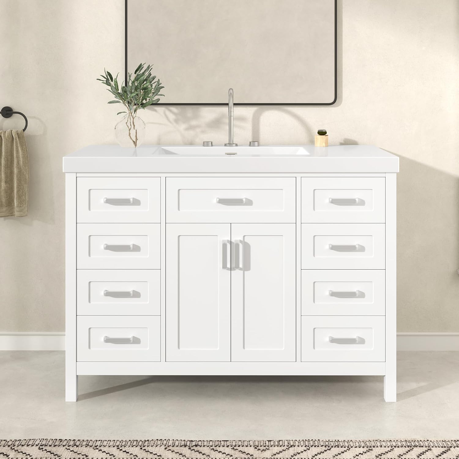 Christopher Knight Home Pineas 48" Modern Bathroom Vanity with Resin Sink Combo Set, Wooden Bathroom Vanity Organizer with Drawers, Soft Closing Door Bathroom Storage Cabinet with Sink, White
