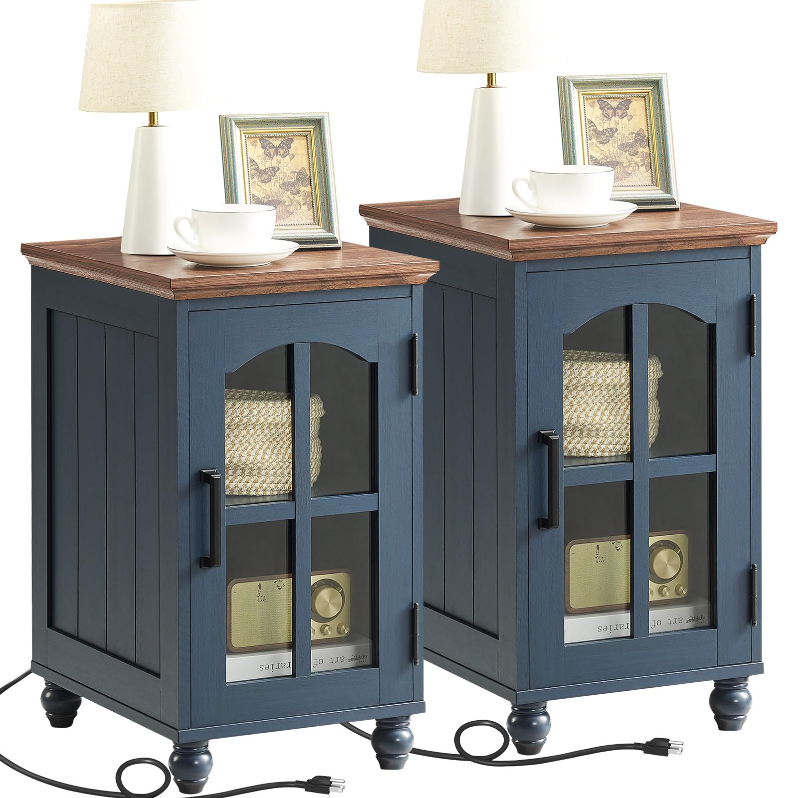 Narrow Side Table Set of 2,Farmhouse Nightstand with Charging Station,End Table with Glass Barn Door Storage, Cabinet Organizer with Adjustable Shelf,