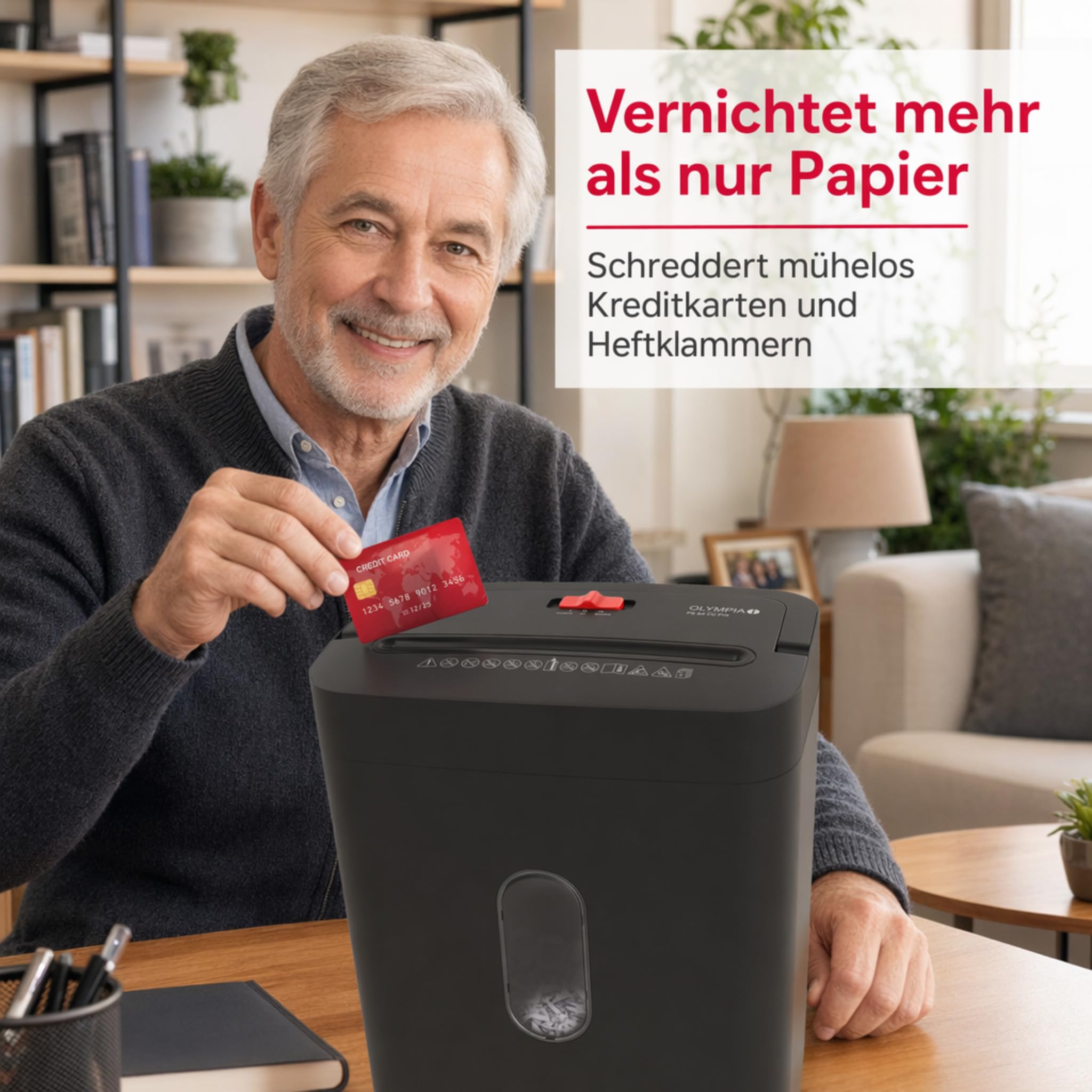 OLYMPIA PS 54 CC Pro niszczarka papieru z cięciem cząstek 4 × 38 mm | niszczarka dokumentów do domowego biura | niszczarka papieru 8 arkuszy | z uniwersalną nakładką | niszczarka papieru