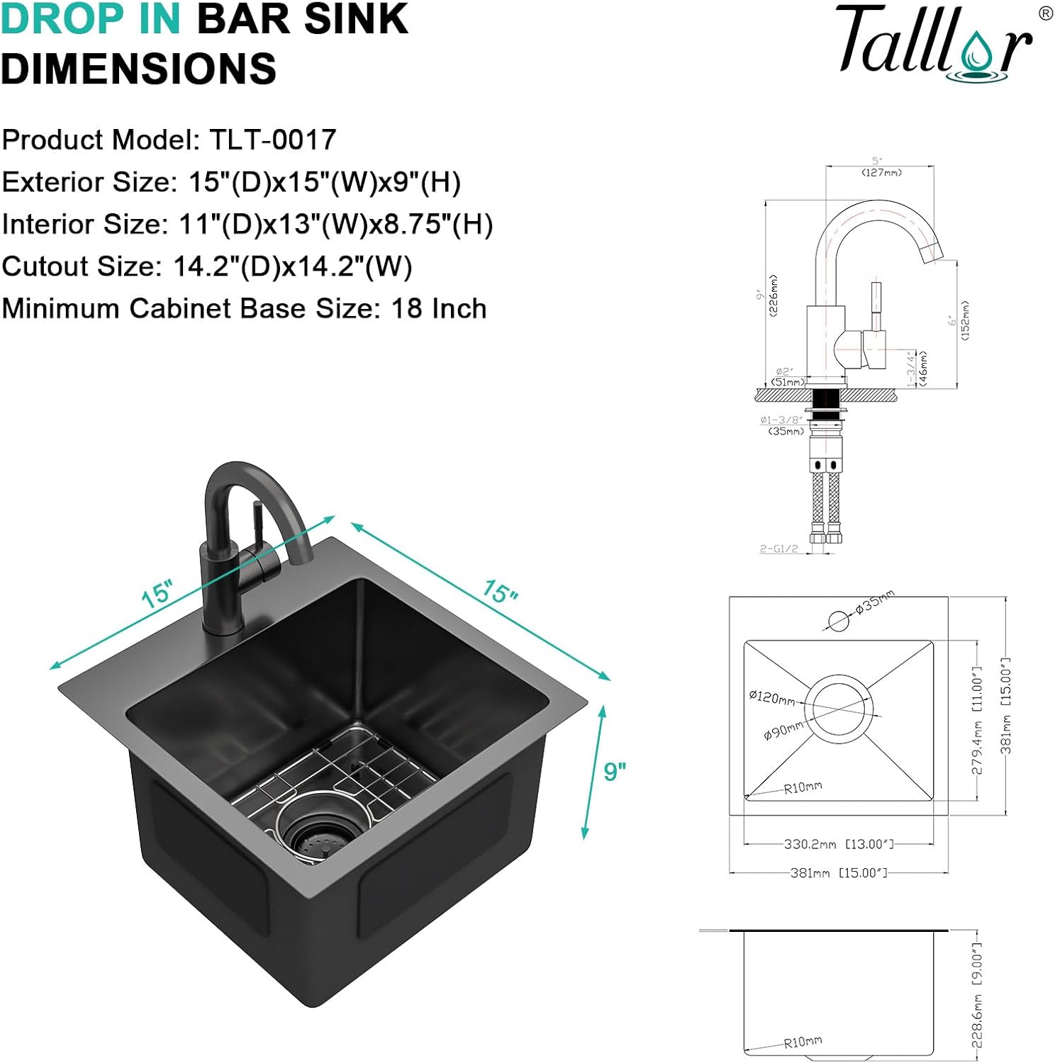 15x15 Inch Black Drop In Bar Sink with Faucet, 16 Gauge 304 Stainless Steel Single Bowl Wet Prep Sink for Kitchen Bar, RV, Outdoor, and Boat, Gunmetal Black #TLT-0017