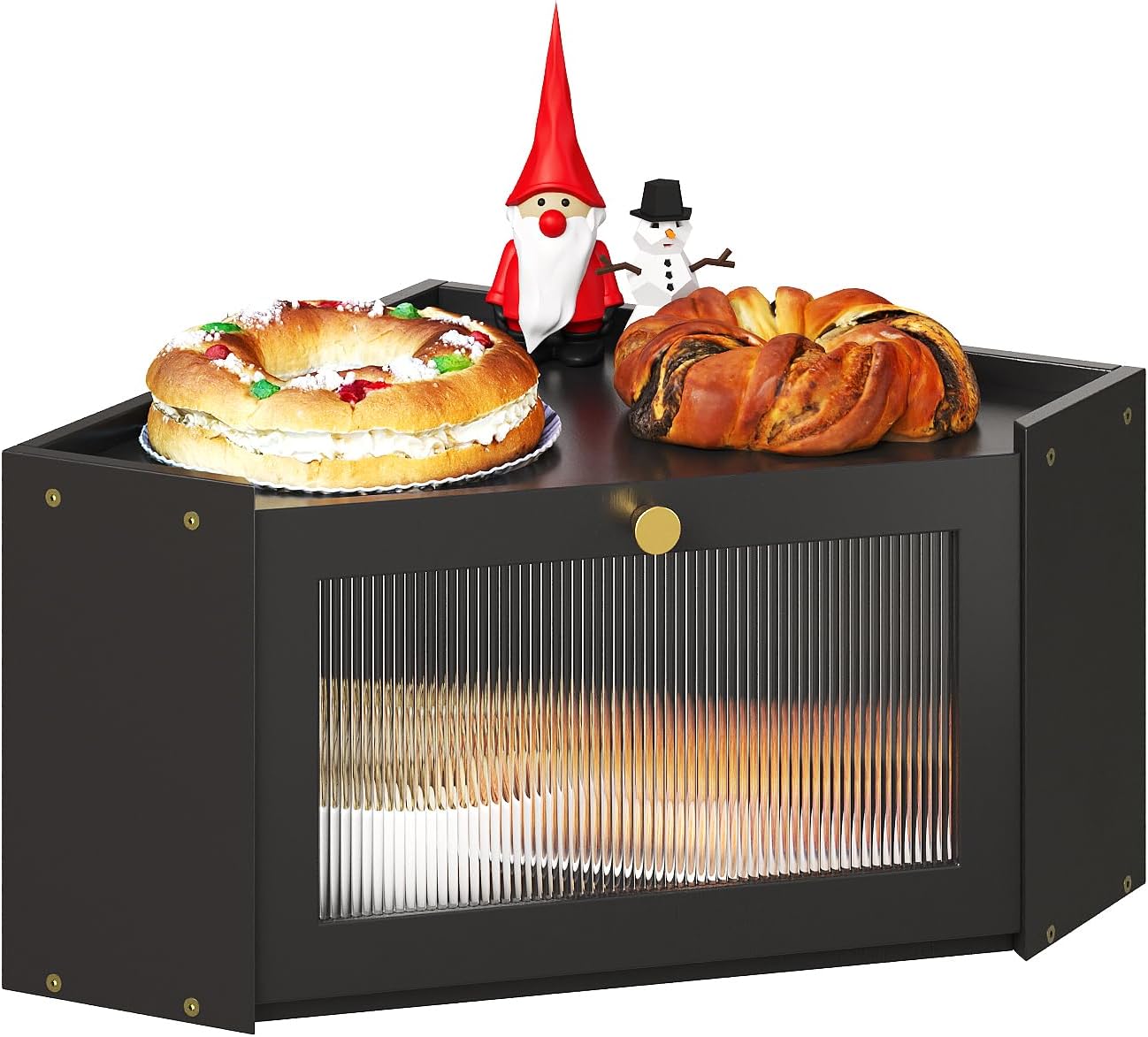 Corner Bamboo Bread Box for Kitchen Counter Large Capacity Rustic Bread Storage Container with Wavy Arcylic Transparent Door Vintage Storage for Homemade Bread (Black)