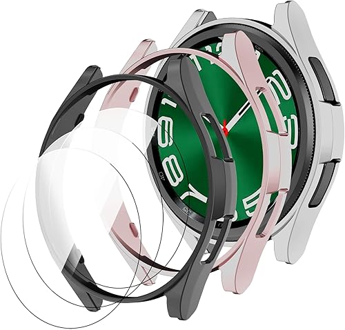 XINGHAO Paquete de 3 + 3 fundas para Samsung Galaxy Watch 6 Classic de 1.73 pulgadas con vidrio templado, policarbonato duro, impermeable,