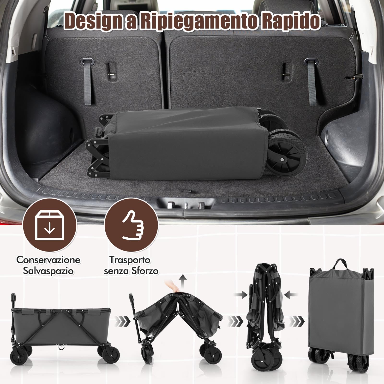 COSTWAY Carrello da Spiaggia Pieghevole 170 L, Carrello con Ruote Portatutto con Maniglia Regolabile e 360° Ruote, Portabottiglie e Tasca Portaoggetti, Carretto Giardino per Campeggio (Grigio)