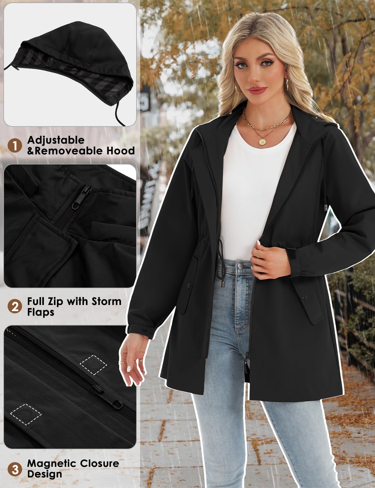 CMTOP Chubasquero Mujer Impermeable Chaqueta Cortavientos Aire Libre Cazadora Ligero Transpirable Abrigo a Prueba de Viento y Agua, Exteriores Gabardina Raincoat Lluvia con Capucha