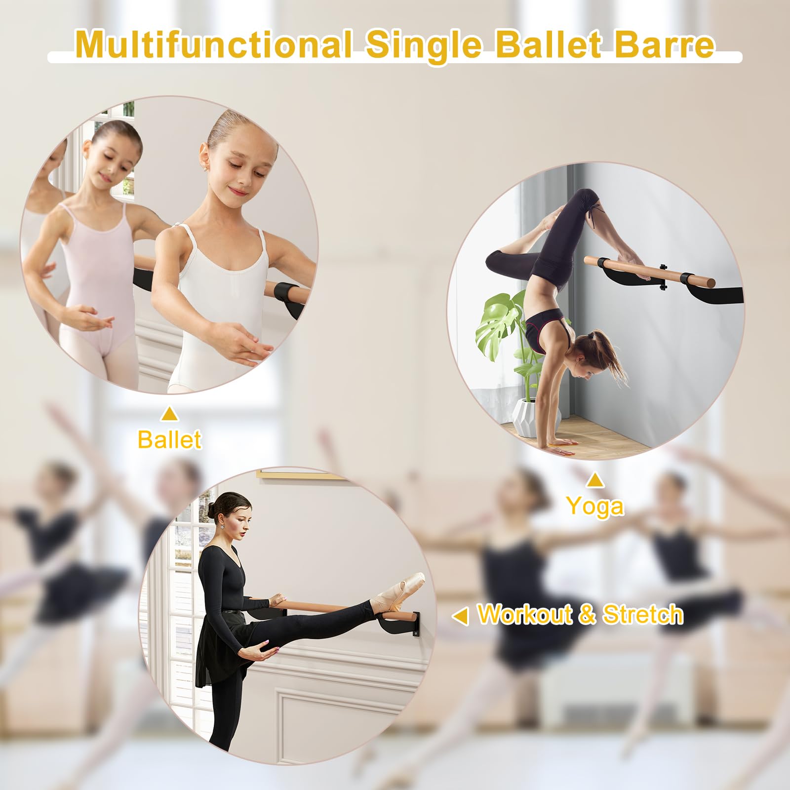 KOMFOTTEU Barre de ballet pour la maison, 38 mm de diamètre, en bois de hêtre, pour yoga, étirement, entraînement, poses de ballet, maison, salle de sport