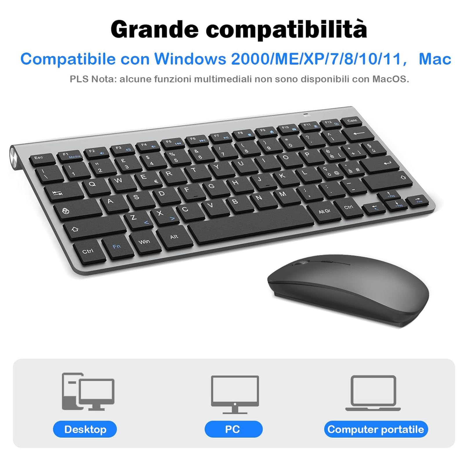 Tastiera e mouse Wireless, PINKCAT 2.4G Set di tastiera ultrasottile e mouse ergonomico silenzioso con 12 tasti di scelta rapida multimediali per computer, PC, laptop, desktop (grigio)