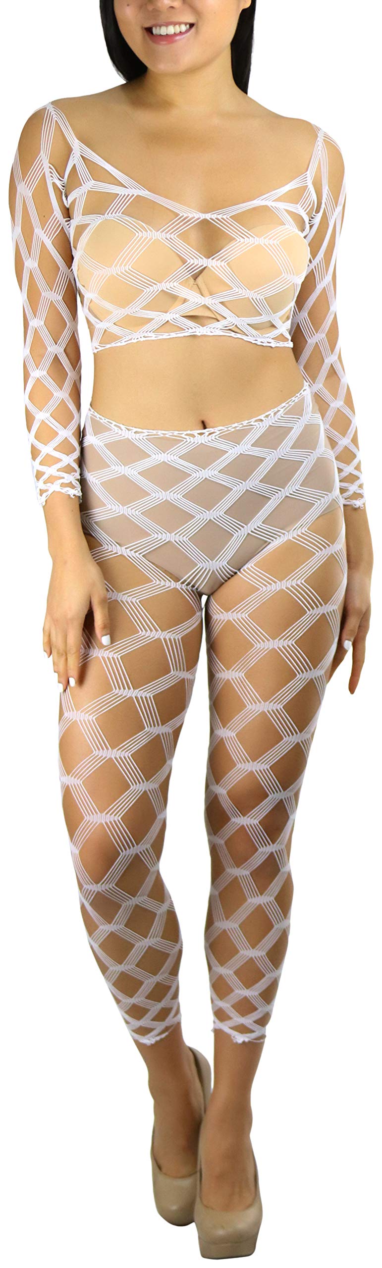 ToBeInStyle Women's Spandex Multi Net Fishnet Set Rave Novelty Party Crop Top &amp; Tights