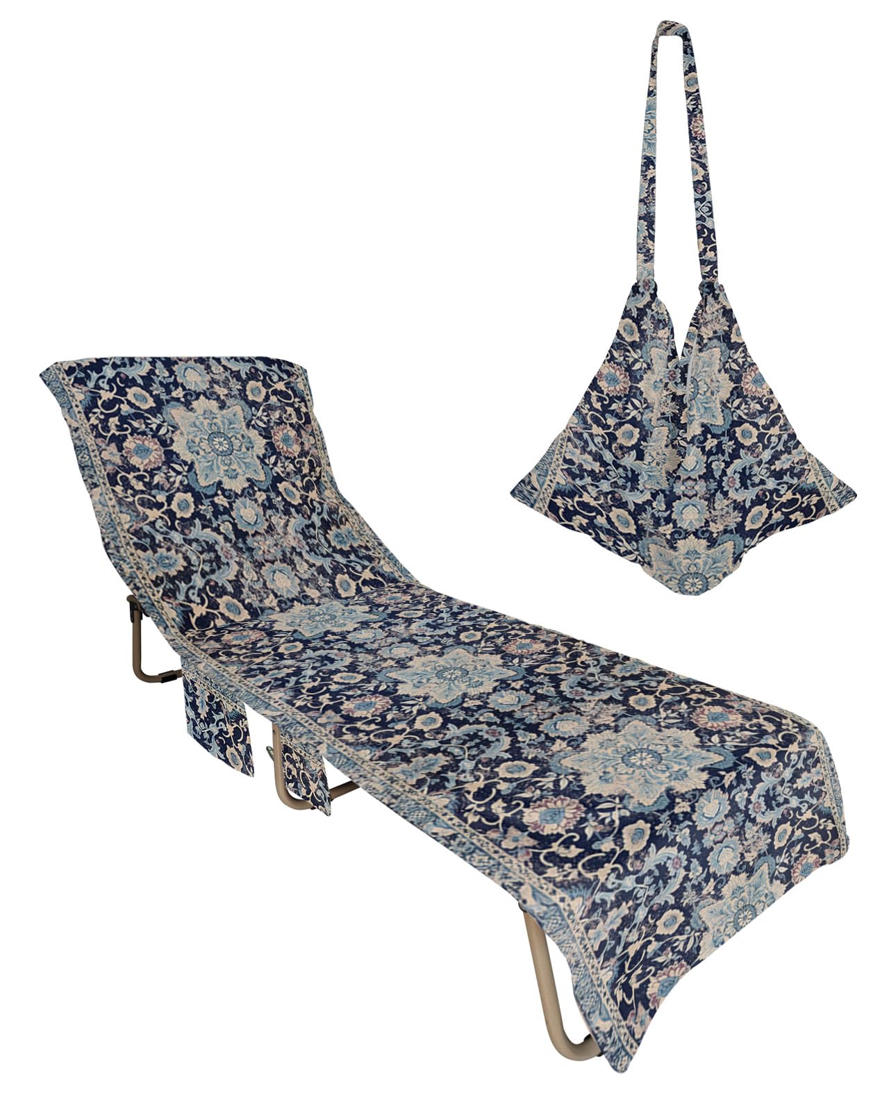 Blue Boho Beach Lounge Chair Towel Cover, Soft Chaise Lounge Towel with Side Pockets Patio Pool Chairs Cover for Beach/Pool Sunbathing 29x85 Modern Geometric Abstract Art Vintage