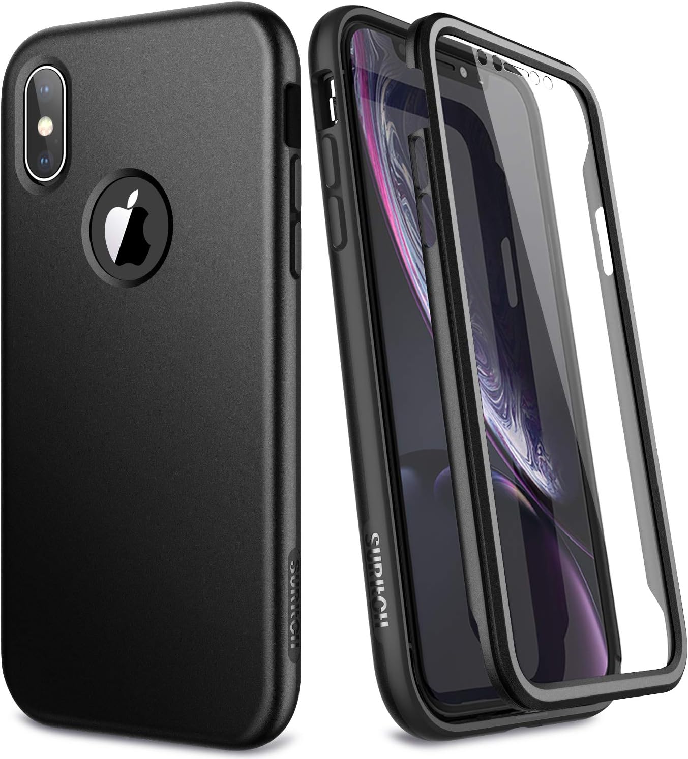 SURITCH iPhone Xs Case/iPhone X Case, [Built-in Screen Protector] Matte Full-Body Protection Hard PC Bumper + TPU Rubber Shockproof Cover Compatible with iPhone Xs/iPhone 10 (Black)