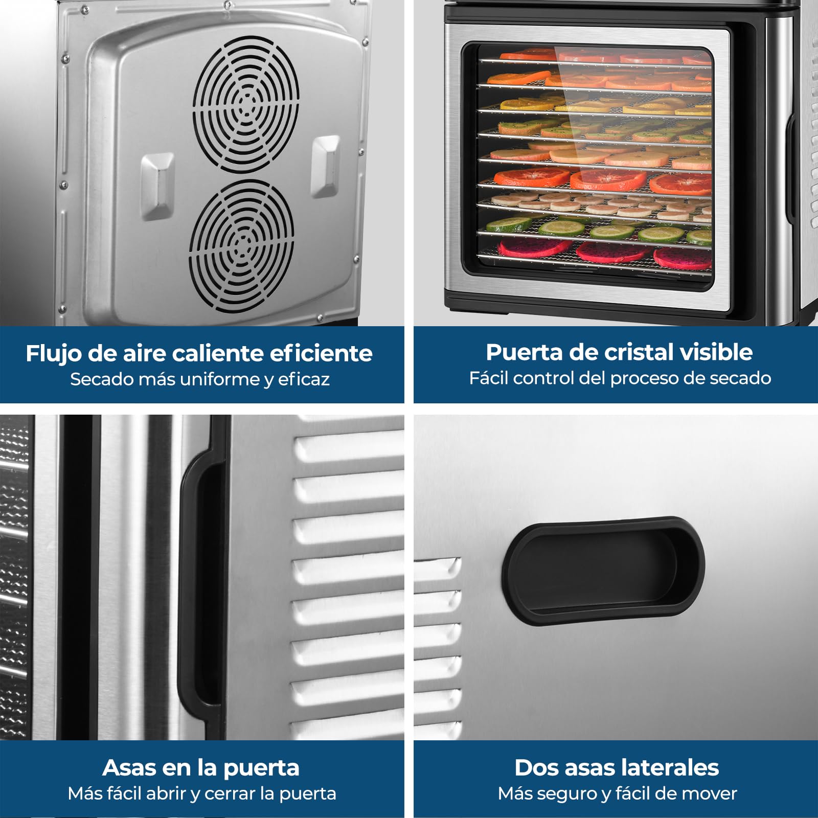 Desidratador de Alimentos de Acero Inoxidable, Control de Temperatura (35-75°C), Temporizador de 48 Horas, 9 Bandejas de Acero Inoxidable, 2 Tamices de Malla, 1 Bandeja para Rollos de Frutas, 1000W