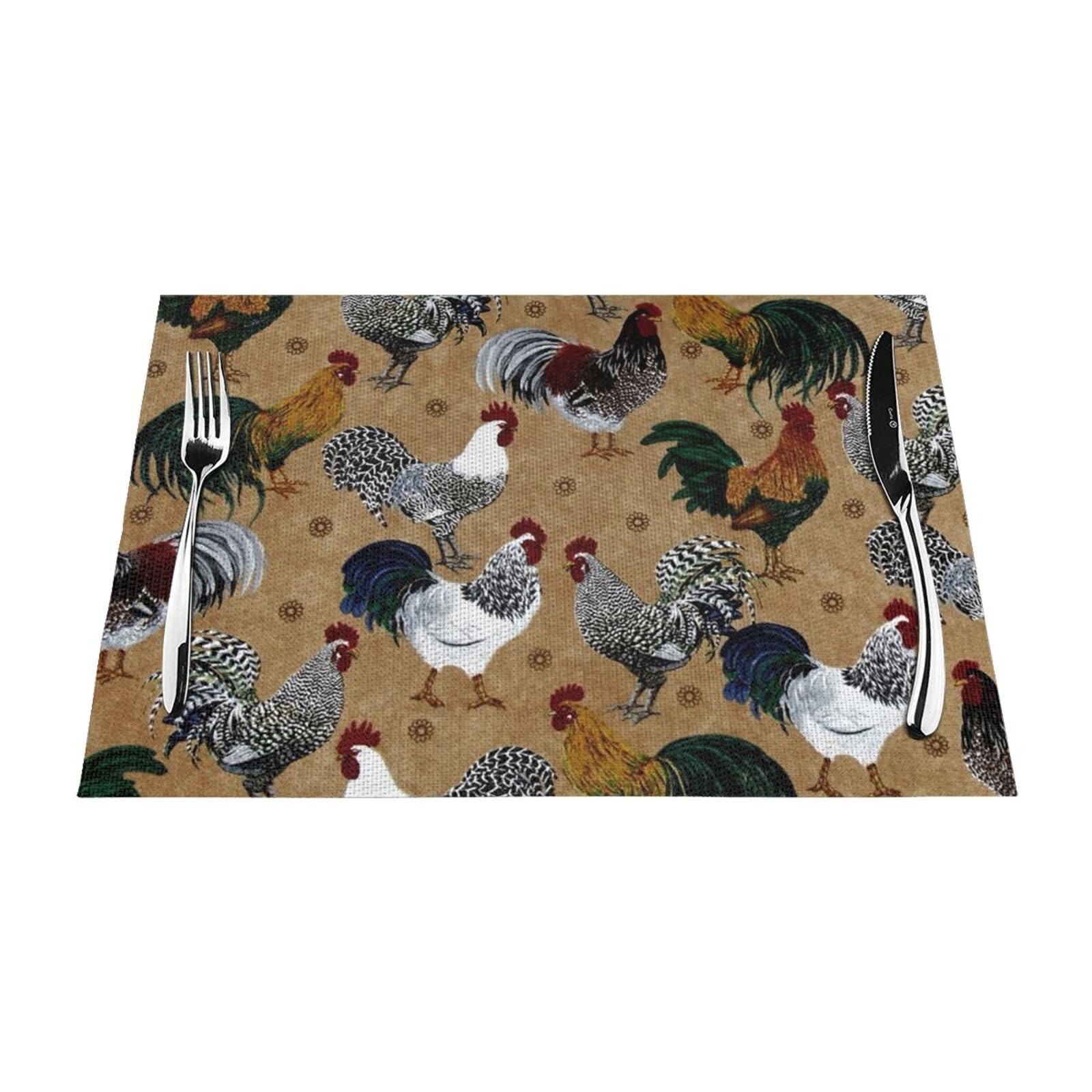 PVC Placemat Set of 4 PCS, 45x30 CM, Rooster and Chicken Print Printed Non-Slip Heat Resistant Place Mats for Kitchen Dining Table Indoor Outdoor