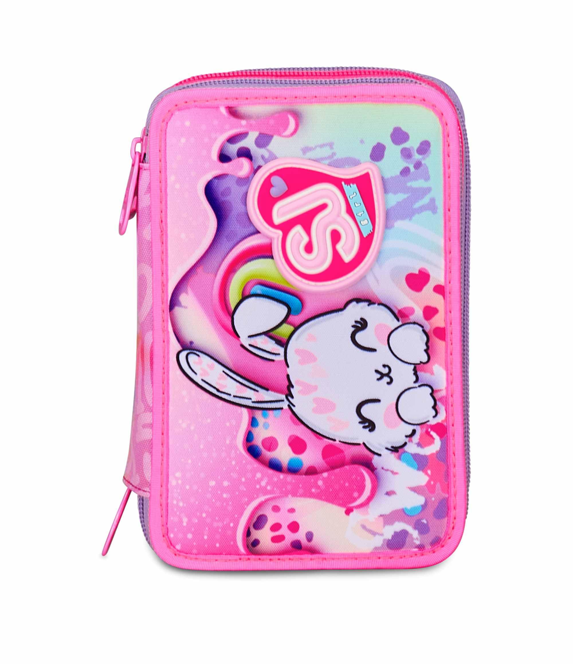 Astuccio Scuola 3 Zip Fucsia Portapenne Triplo Scomparto Completo Penne Matite Colori