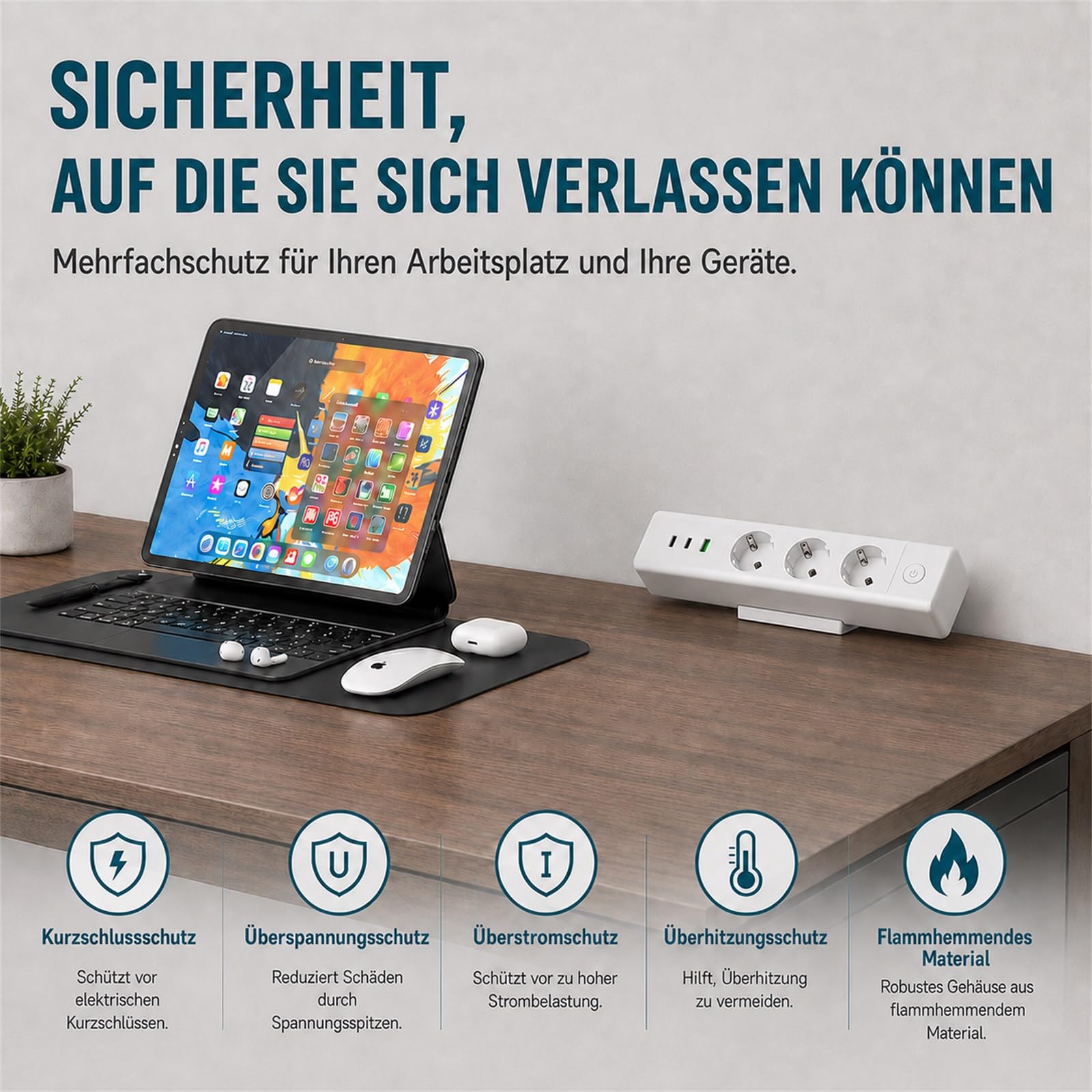 Tischsteckdose mit USB C 65W, Dinolink 3 Fach Steckdosenleiste mit 3 USB