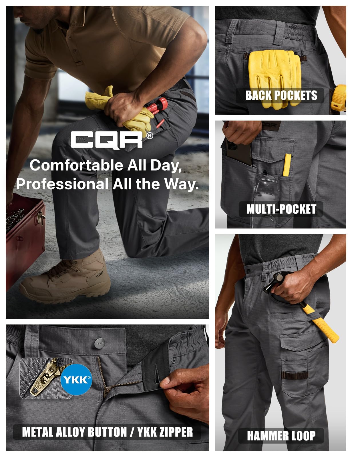 CQR Men's Quick Dry Work Pants, Water Resistant Outdoor Tactical Pants, Lightweight Stretch Cargo Hiking Pants — view 8