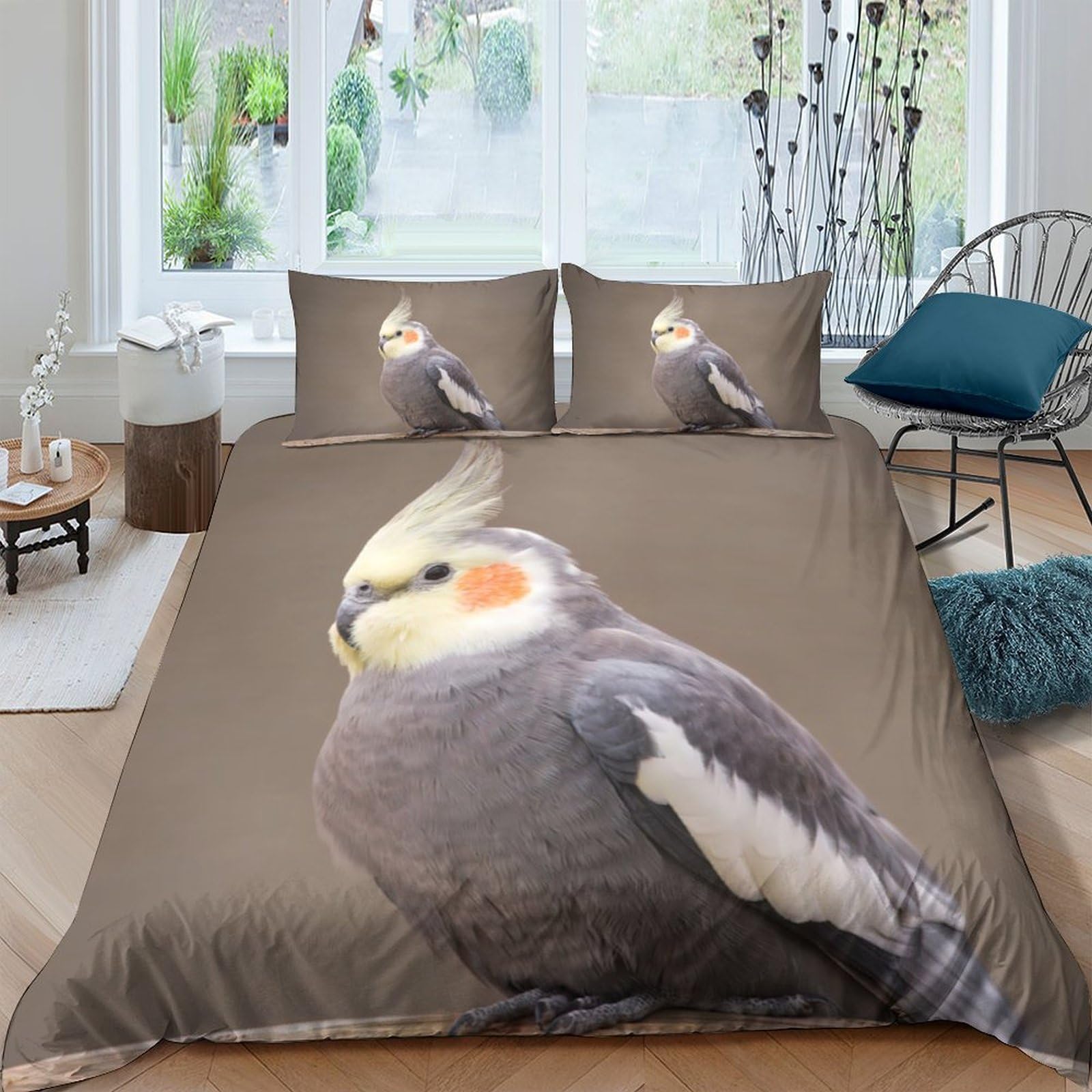 GPLZQXKJNH 3D Printed Cockatiel Bird Duvet Cover Set Microfiber Soft Breathable Parrot Quilt Cover with 2 Pillowcases for Bedroom Home Decor Single（135x200cm）