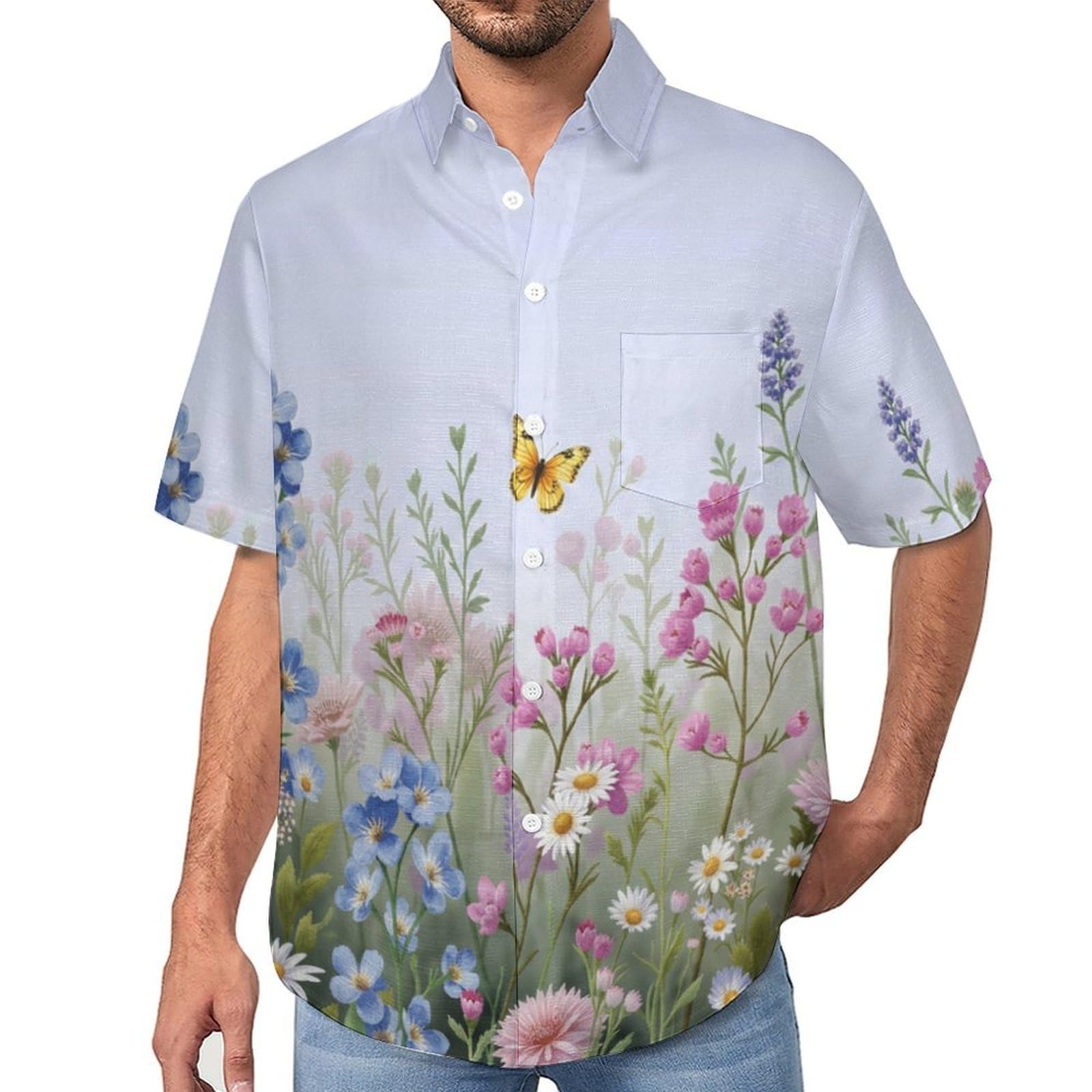 Camicie a Maniche Corte da Uomo - Camicie da Spiaggia con Stampa Fiori Selvatici Farfalle Fiori Ad Acquerello, Funky Estiva Cool Camicia Hawaiana Monopetto Camicia S-5XL