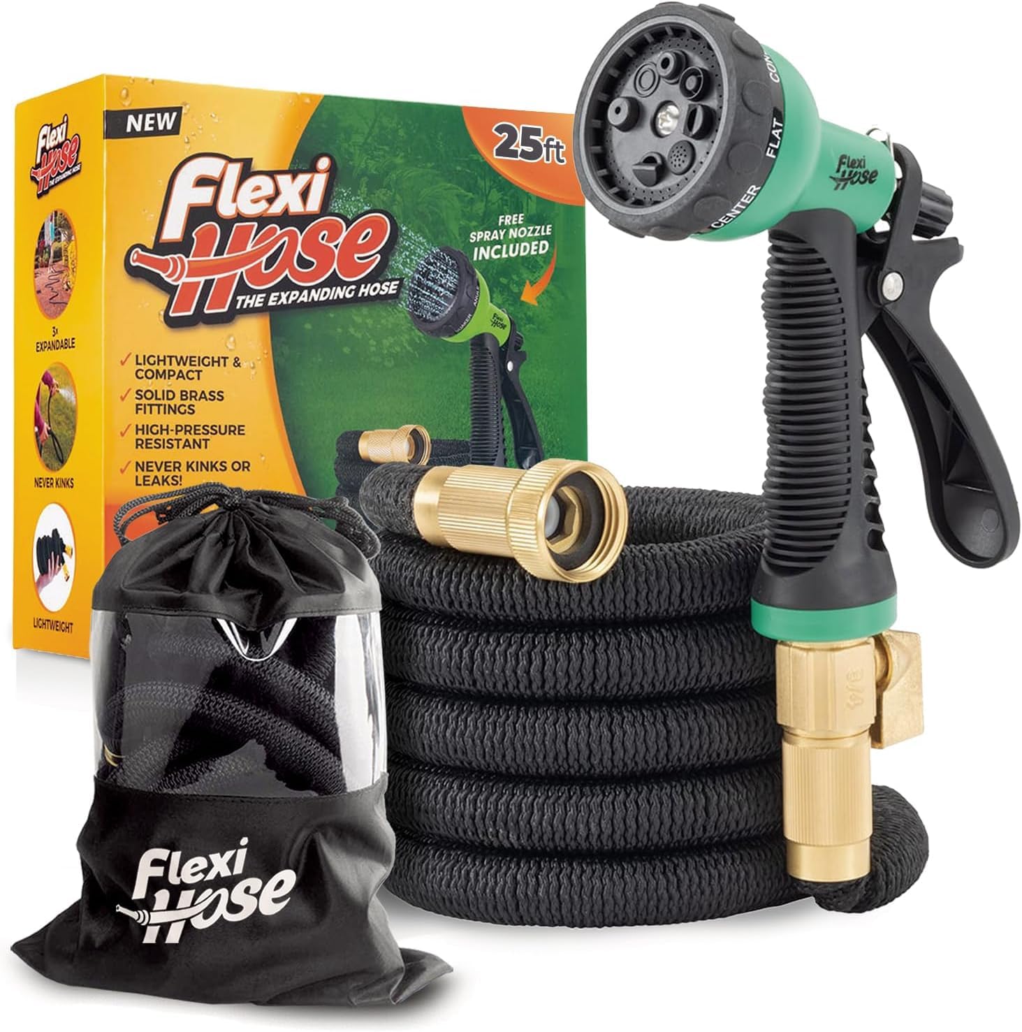Flexi Hose Plus Expandable Garden Hose with 8 Function Nozzle, 25FT