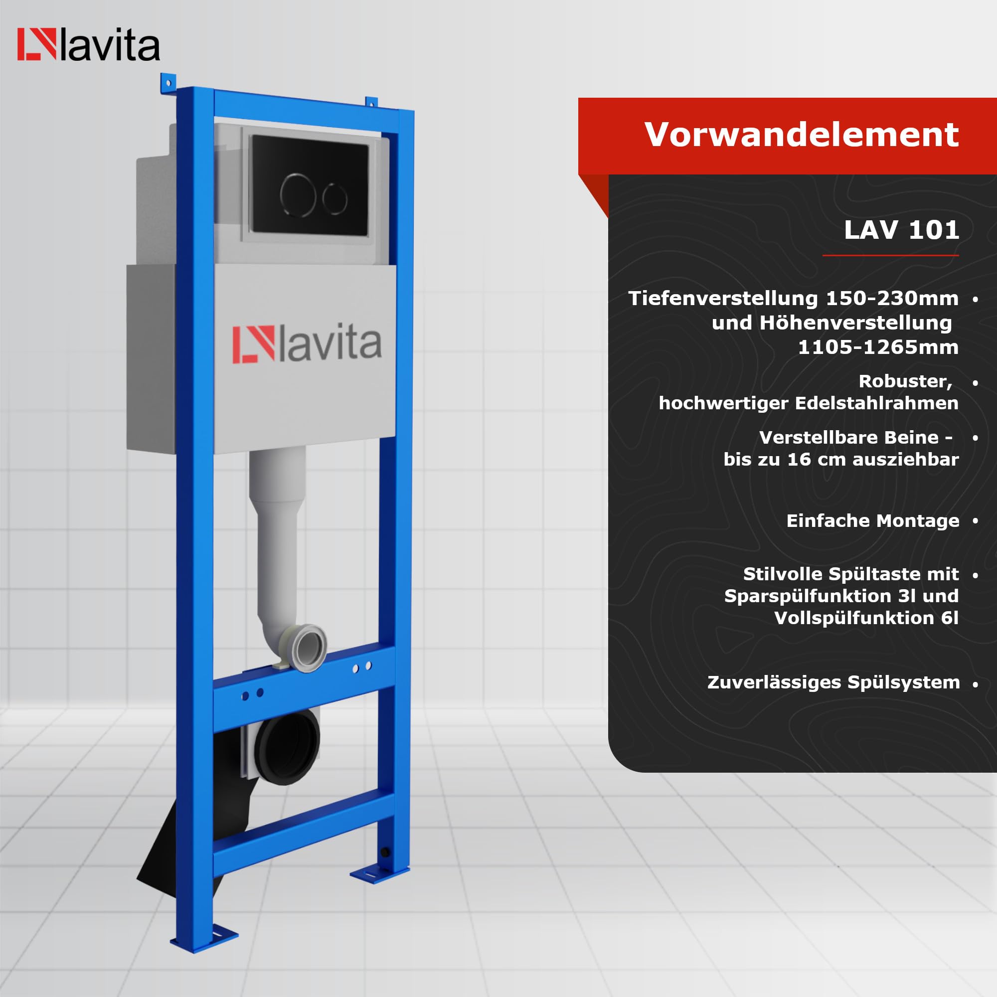 Lavita LAV 101 Vorwandelement für WC 40cm + Wand Hänge Tiefspül WC SOGO Weiß Spülrandlos + Bedienplatte LAV 200.4.4 Schwarz + WC Sitz mit Absenkautomatik Komplettset Unterputz Spülkasten WC