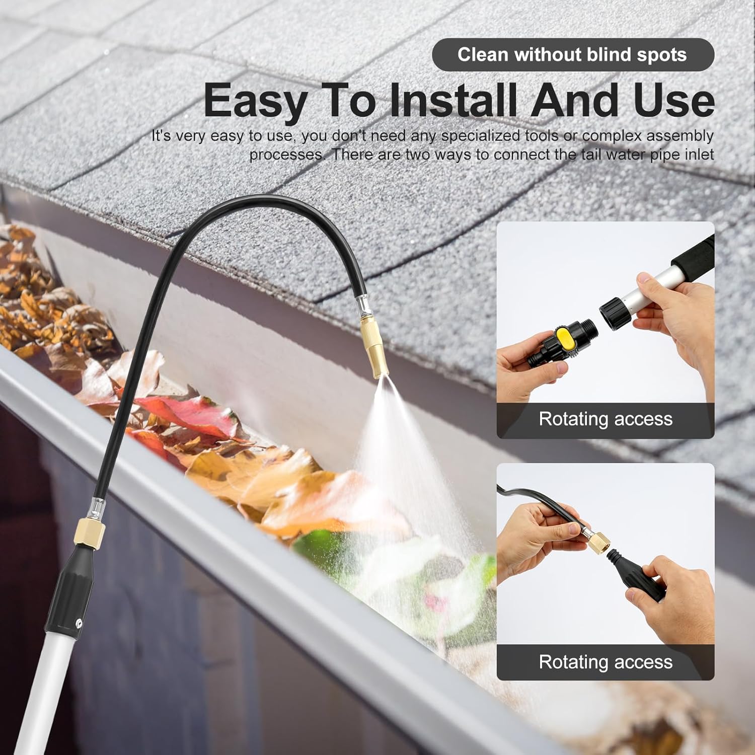 Gutter Cleaning Tool, 64.9" Gutter Cleaner Tools from the Ground, Bendable Roofing Gutter Tool with 4 Splice Rod, Easy to Fit Disassemble Long Reach Gutter Cleaning Wand Rain Gutter Cleaning Pole