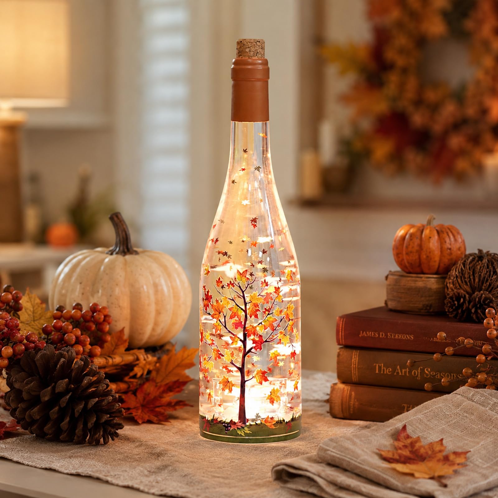 Décoration d'automne en forme de boule à neige, lanterne à paillettes en érable éclairée avec minuterie de 6 heures, décoration d'automne à piles pour décoration d'automne pour la maison, affichage de
