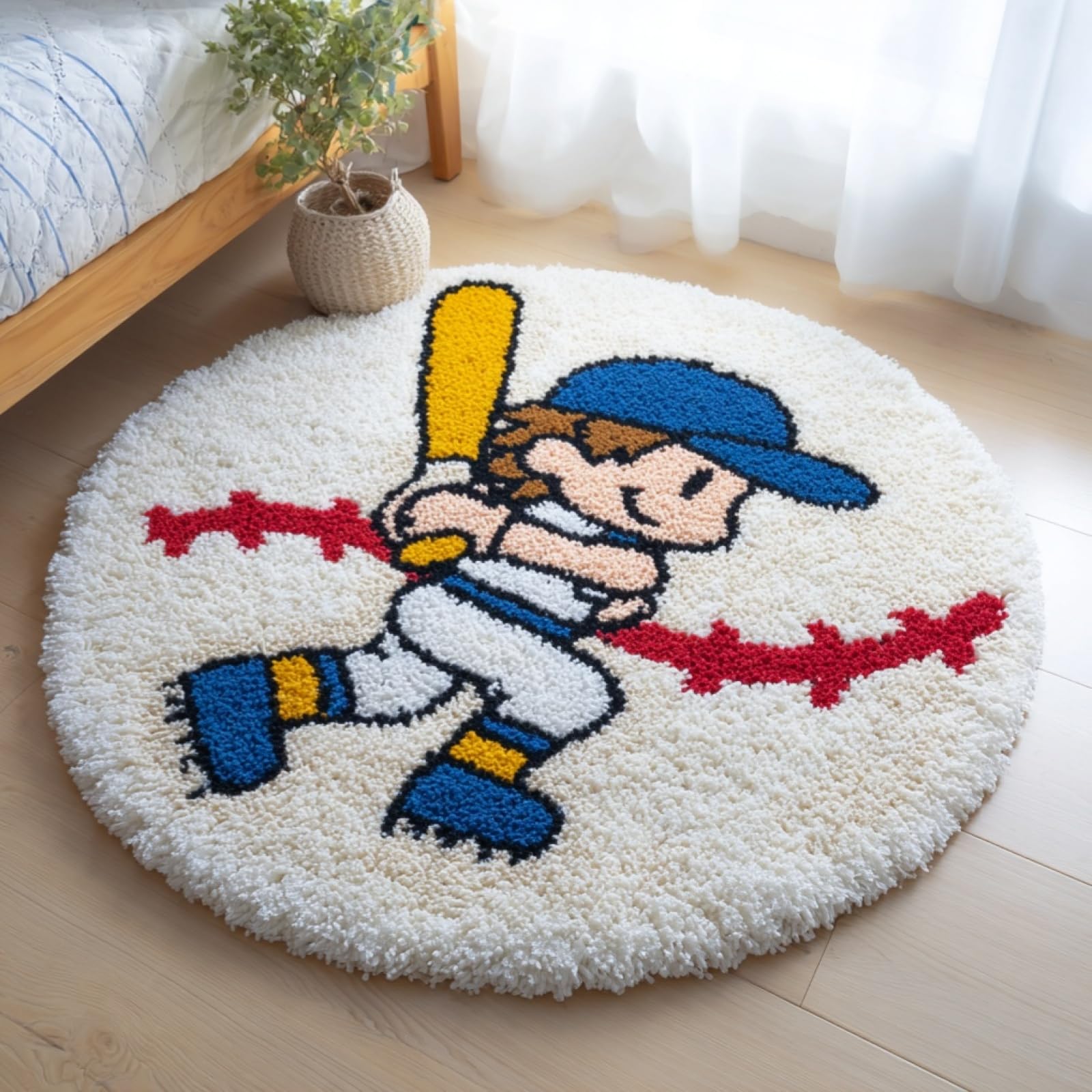 WallustrioaW DIY Latch Hook Rug Kits for Kids,Baseball Player,DIY Crochet Carpet Making Beginner Set for Adults Present Decoration,50x50cm