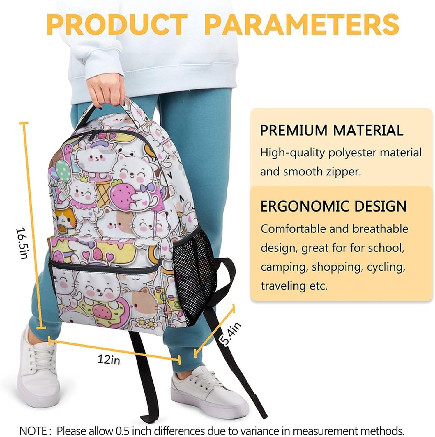 Cat Backpack for Girls Boys, 16 Inch Colorful Backpacks for School, Cute Lightweight Durable Bookbag for Kids
