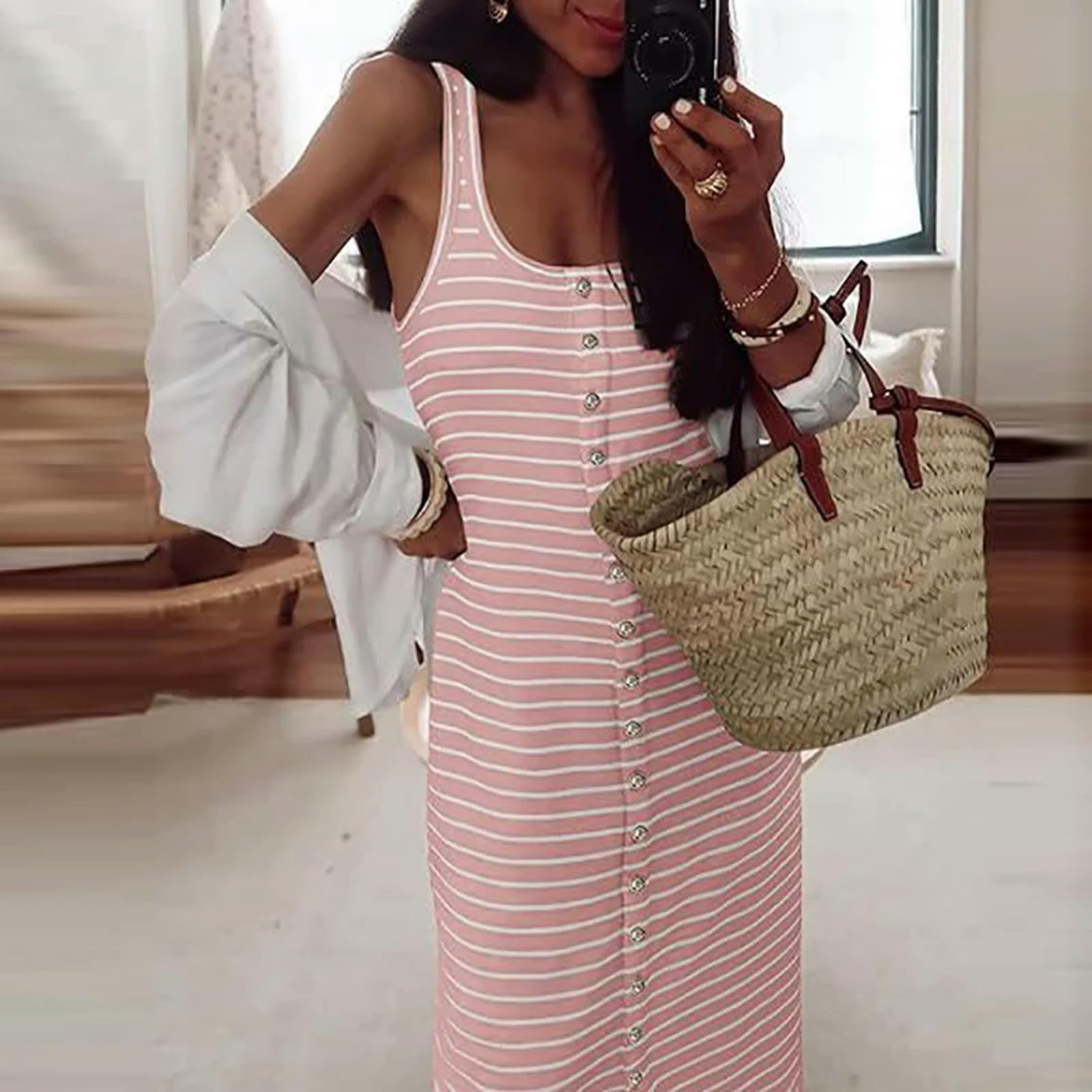 Vestido Camisero con Botones y Estampado a Rayas para Mujer, Vestido Sexy con Cuello en U, sin Mangas, Bohemio, Largo, sin Mangas, para Fiesta y Playa, Primavera 2024